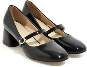 Hee grand Vintage Mary Jane Shoes Chunky Heels for Women Square Toe Adjustable Strap Pump PU Leather Brogue Work Heels Dress Shoes