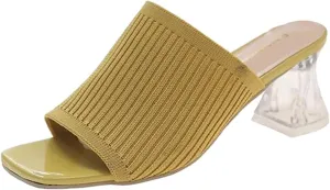 Heeled Mules for Women Square Toe Slip On Slides Chunky Block Pumps Knit Mules Summer Heels for Work Office