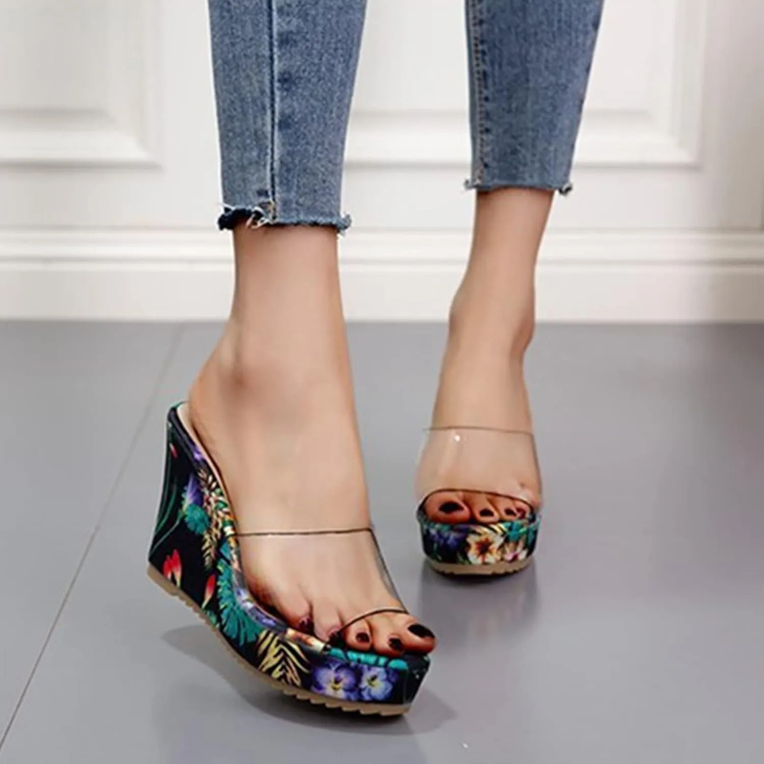 HINDOLA Sandals for Women High Heel Backless Wedge Slippers Summer Peep Toe Stylish Platform Wedge Sandals