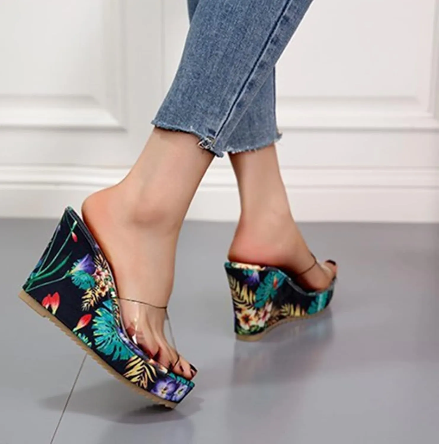 HINDOLA Sandals for Women High Heel Backless Wedge Slippers Summer Peep Toe Stylish Platform Wedge Sandals