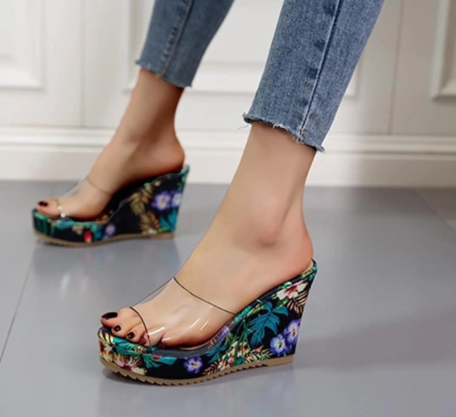 HINDOLA Sandals for Women High Heel Backless Wedge Slippers Summer Peep Toe Stylish Platform Wedge Sandals