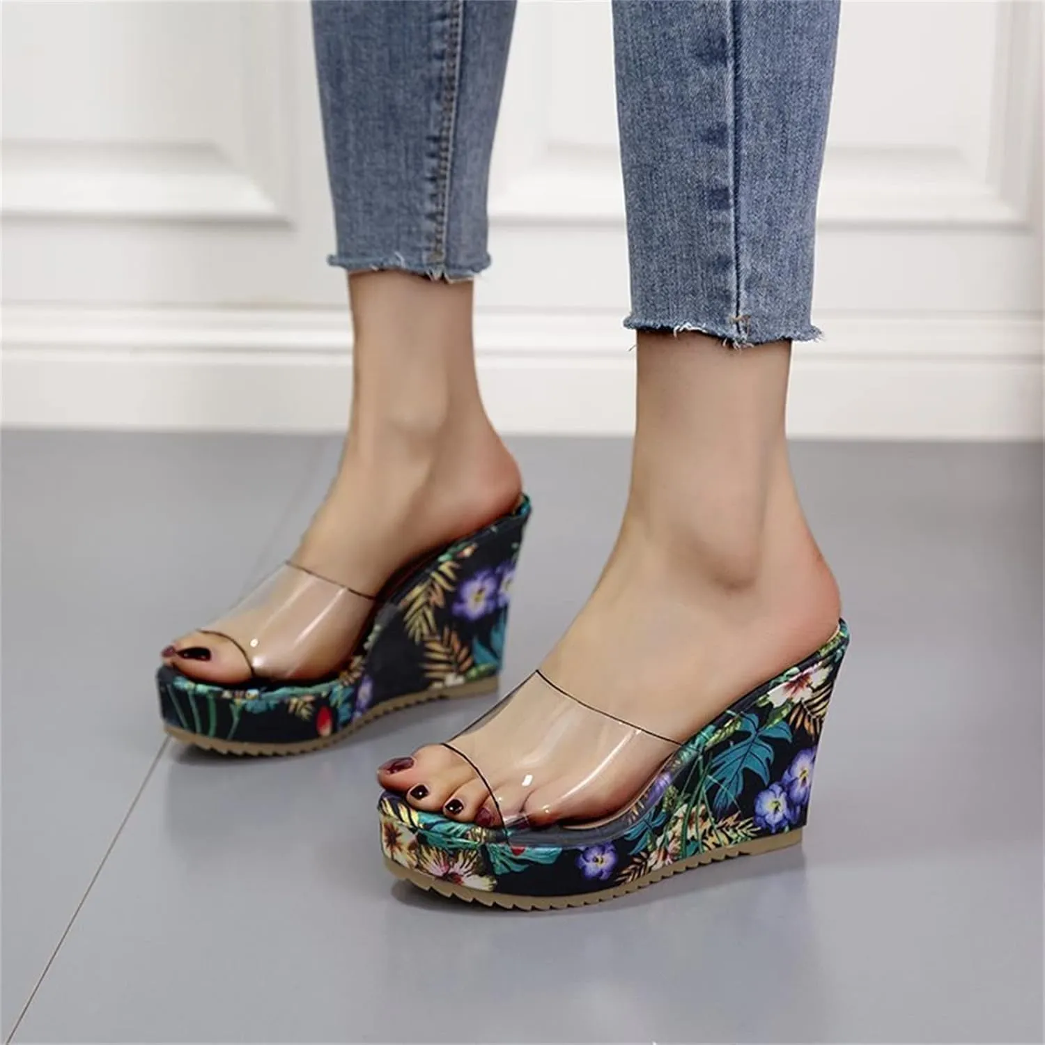 HINDOLA Sandals for Women High Heel Backless Wedge Slippers Summer Peep Toe Stylish Platform Wedge Sandals