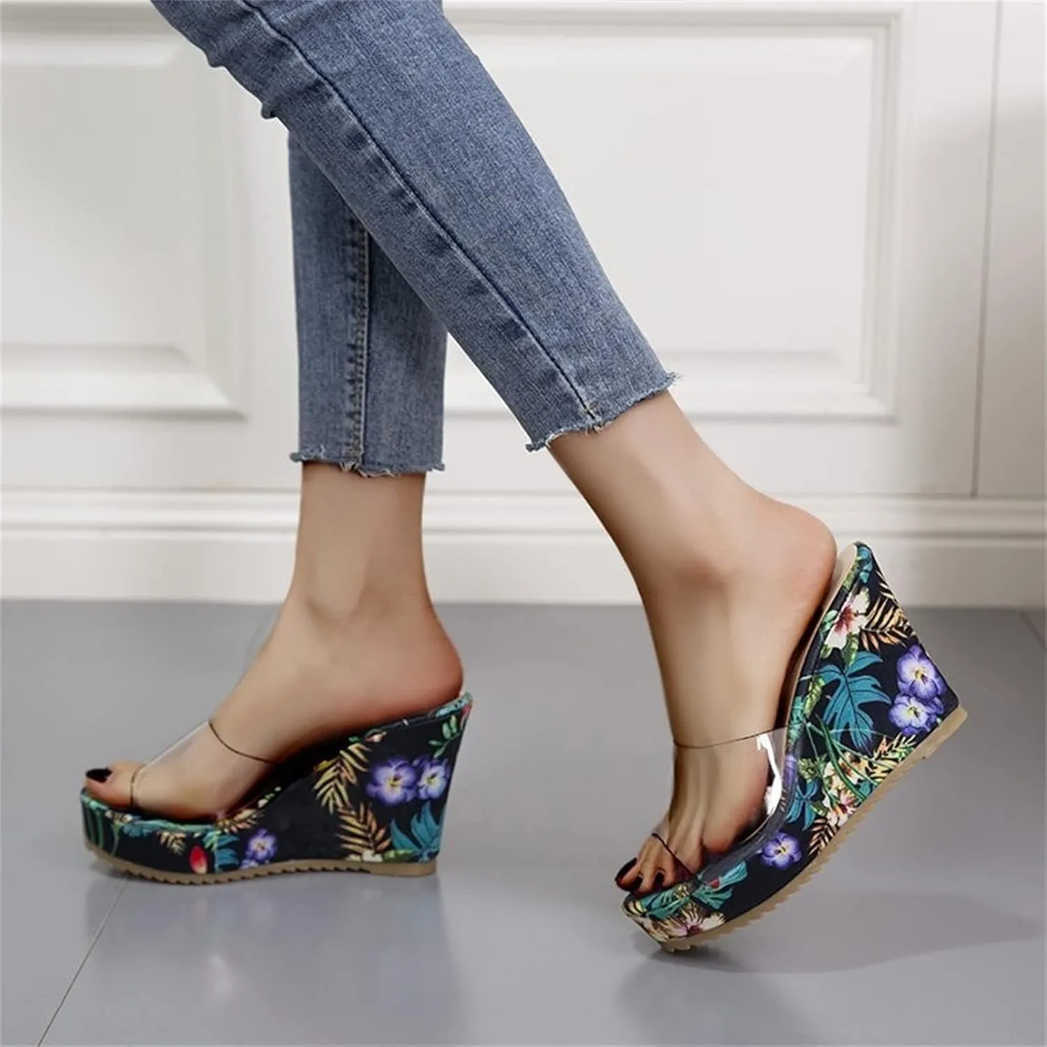 HINDOLA Sandals for Women High Heel Backless Wedge Slippers Summer Peep Toe Stylish Platform Wedge Sandals