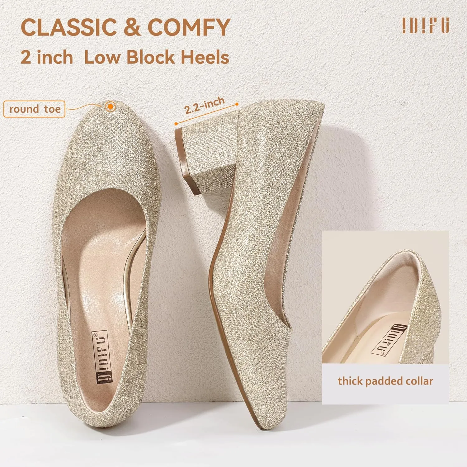 IDIFU IN2 Women's Pumps Low Chunky Block Closed Toe Heels Comfortable Short Dress Shoes for Women Ladies Flight Attendant Wedding Bridal Homecoming Work Heels Dressy Formal Round Toe Pumps Shoes