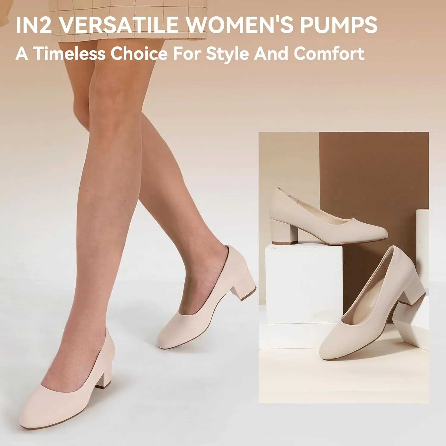 IDIFU IN2 Women's Pumps Low Chunky Block Closed Toe Heels Comfortable Short Dress Shoes for Women Ladies Flight Attendant Wedding Bridal Homecoming Work Heels Dressy Formal Round Toe Pumps Shoes