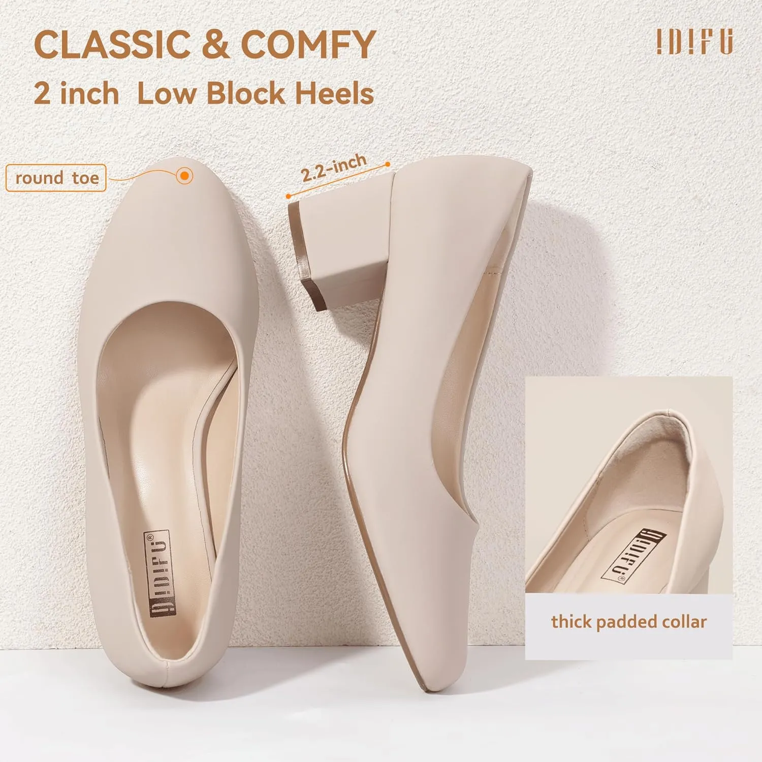 IDIFU IN2 Women's Pumps Low Chunky Block Closed Toe Heels Comfortable Short Dress Shoes for Women Ladies Flight Attendant Wedding Bridal Homecoming Work Heels Dressy Formal Round Toe Pumps Shoes