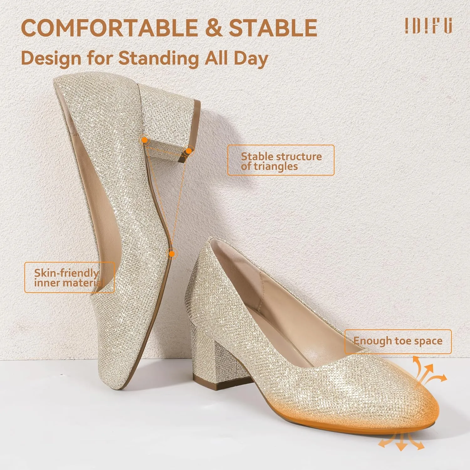 IDIFU IN2 Women's Pumps Low Chunky Block Closed Toe Heels Comfortable Short Dress Shoes for Women Ladies Flight Attendant Wedding Bridal Homecoming Work Heels Dressy Formal Round Toe Pumps Shoes