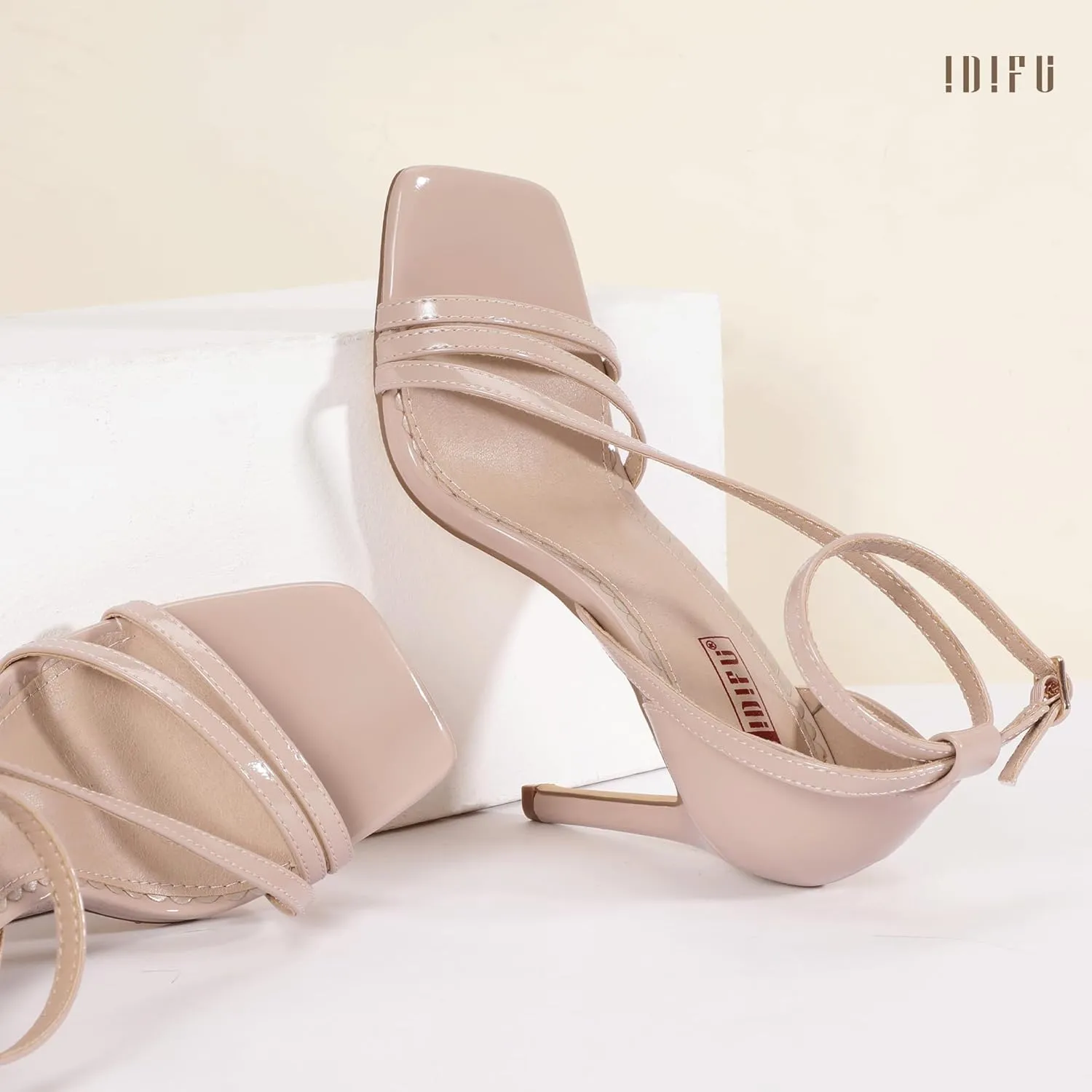 IDIFU IN4 Strappy Heels for Women Sexy High Stiletto Square Open Toe Heels Dress Shoes for Women Dressy Wedding Prom Bridal Bridesmaid Shoes Ankle Strap Heeled Sandals Comfortable Cute Trendy Heels