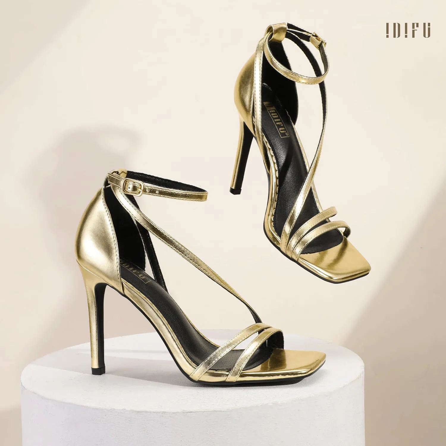 IDIFU IN4 Strappy Heels for Women Sexy High Stiletto Square Open Toe Heels Dress Shoes for Women Dressy Wedding Prom Bridal Bridesmaid Shoes Ankle Strap Heeled Sandals Comfortable Cute Trendy Heels
