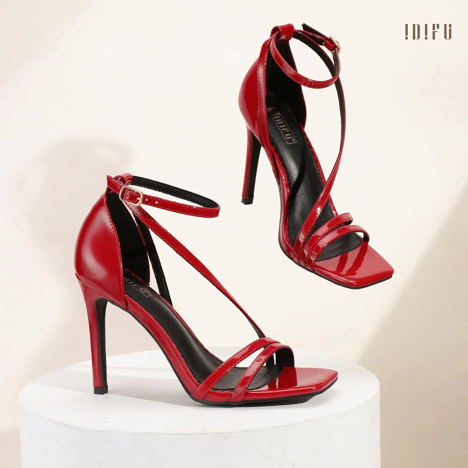 IDIFU IN4 Strappy Heels for Women Sexy High Stiletto Square Open Toe Heels Dress Shoes for Women Dressy Wedding Prom Bridal Bridesmaid Shoes Ankle Strap Heeled Sandals Comfortable Cute Trendy Heels