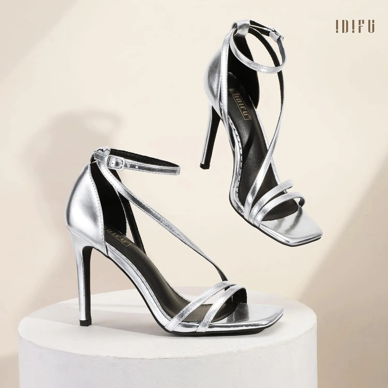 IDIFU IN4 Strappy Heels for Women Sexy High Stiletto Square Open Toe Heels Dress Shoes for Women Dressy Wedding Prom Bridal Bridesmaid Shoes Ankle Strap Heeled Sandals Comfortable Cute Trendy Heels