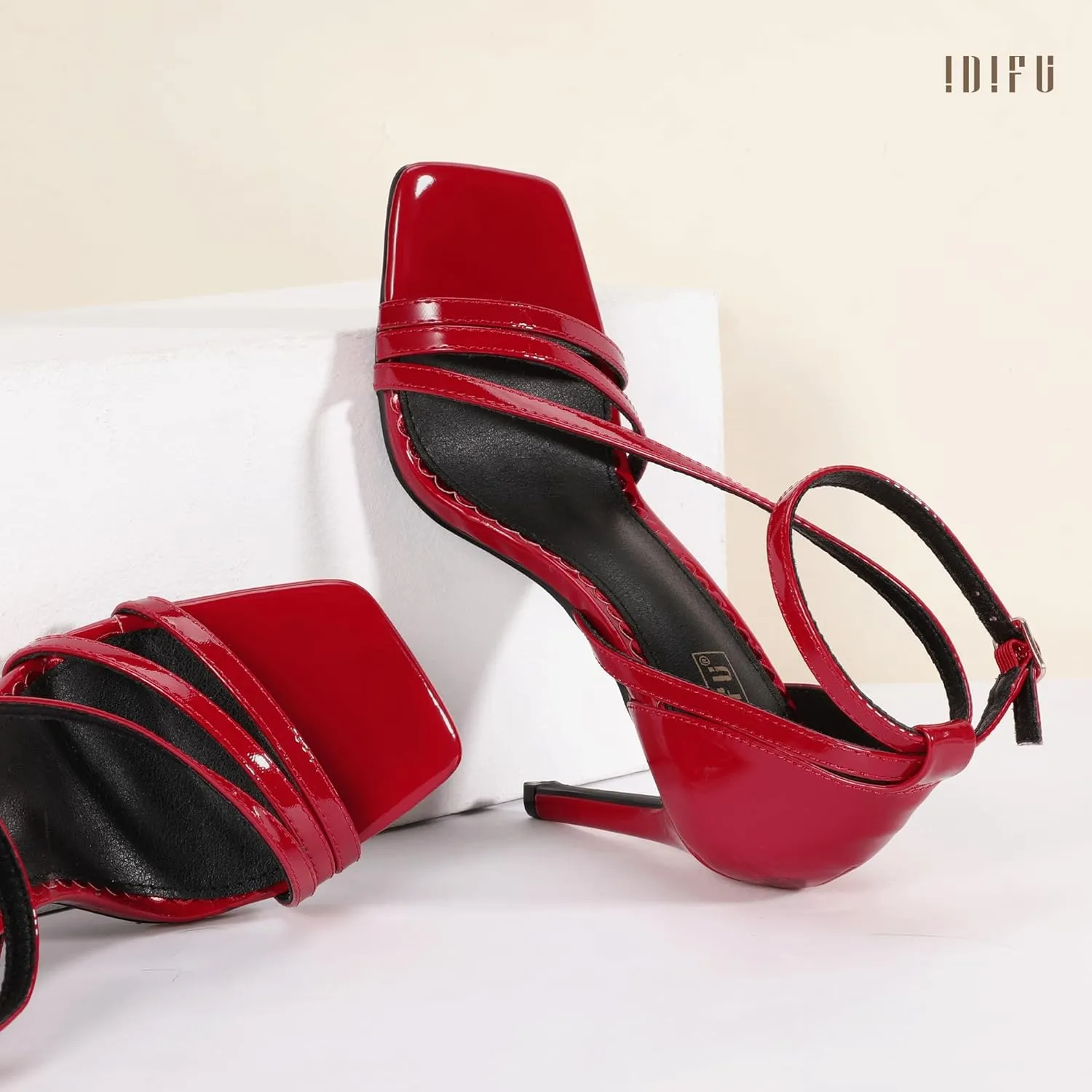 IDIFU IN4 Strappy Heels for Women Sexy High Stiletto Square Open Toe Heels Dress Shoes for Women Dressy Wedding Prom Bridal Bridesmaid Shoes Ankle Strap Heeled Sandals Comfortable Cute Trendy Heels