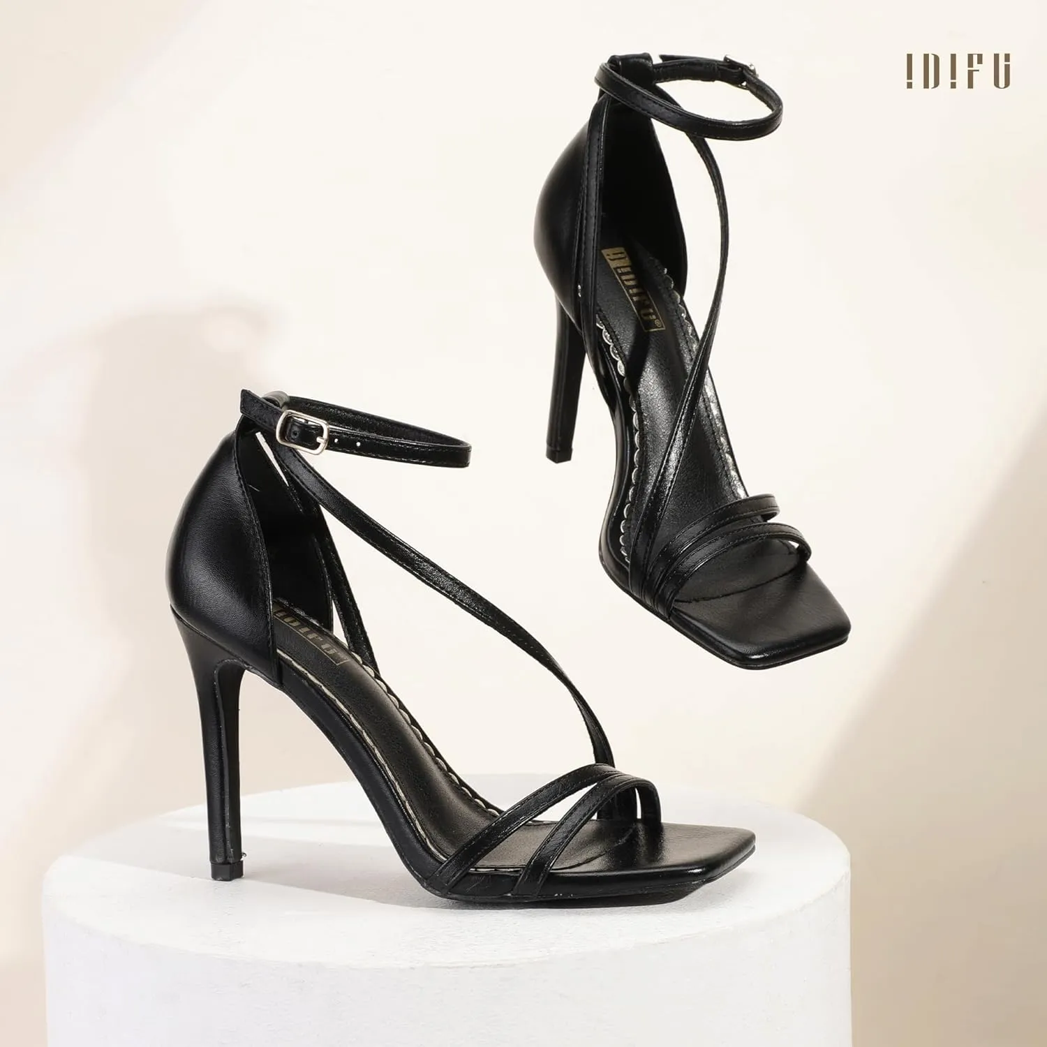 IDIFU IN4 Strappy Heels for Women Sexy High Stiletto Square Open Toe Heels Dress Shoes for Women Dressy Wedding Prom Bridal Bridesmaid Shoes Ankle Strap Heeled Sandals Comfortable Cute Trendy Heels
