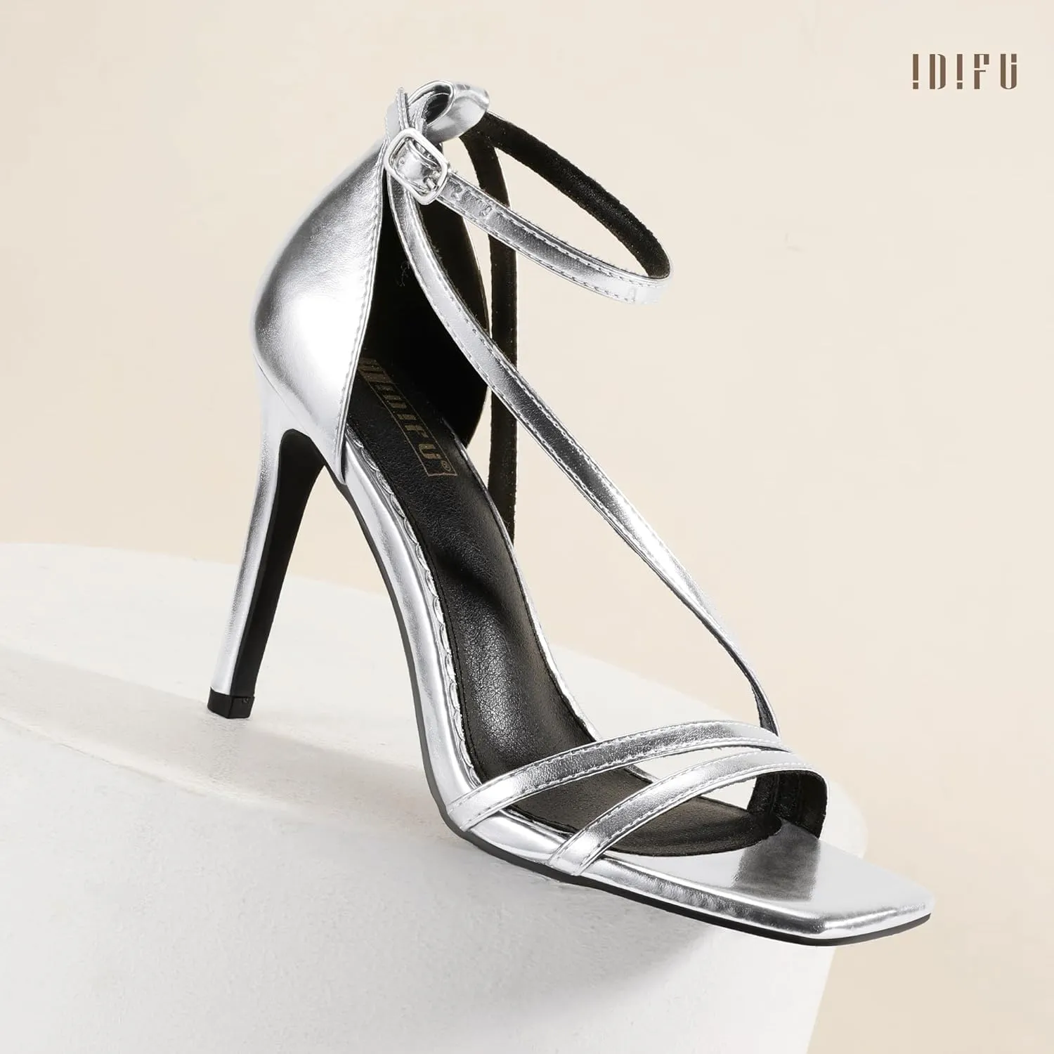 IDIFU IN4 Strappy Heels for Women Sexy High Stiletto Square Open Toe Heels Dress Shoes for Women Dressy Wedding Prom Bridal Bridesmaid Shoes Ankle Strap Heeled Sandals Comfortable Cute Trendy Heels