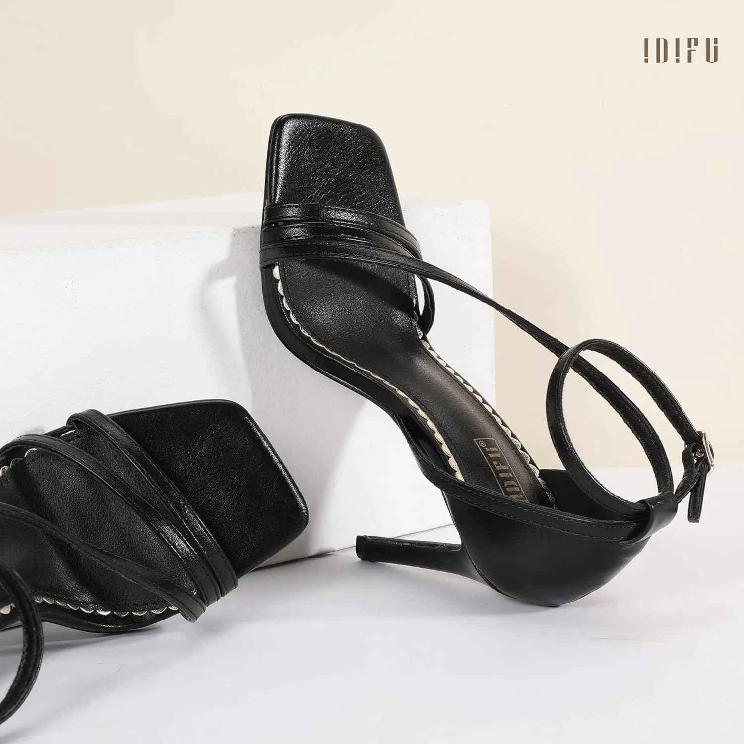 IDIFU IN4 Strappy Heels for Women Sexy High Stiletto Square Open Toe Heels Dress Shoes for Women Dressy Wedding Prom Bridal Bridesmaid Shoes Ankle Strap Heeled Sandals Comfortable Cute Trendy Heels