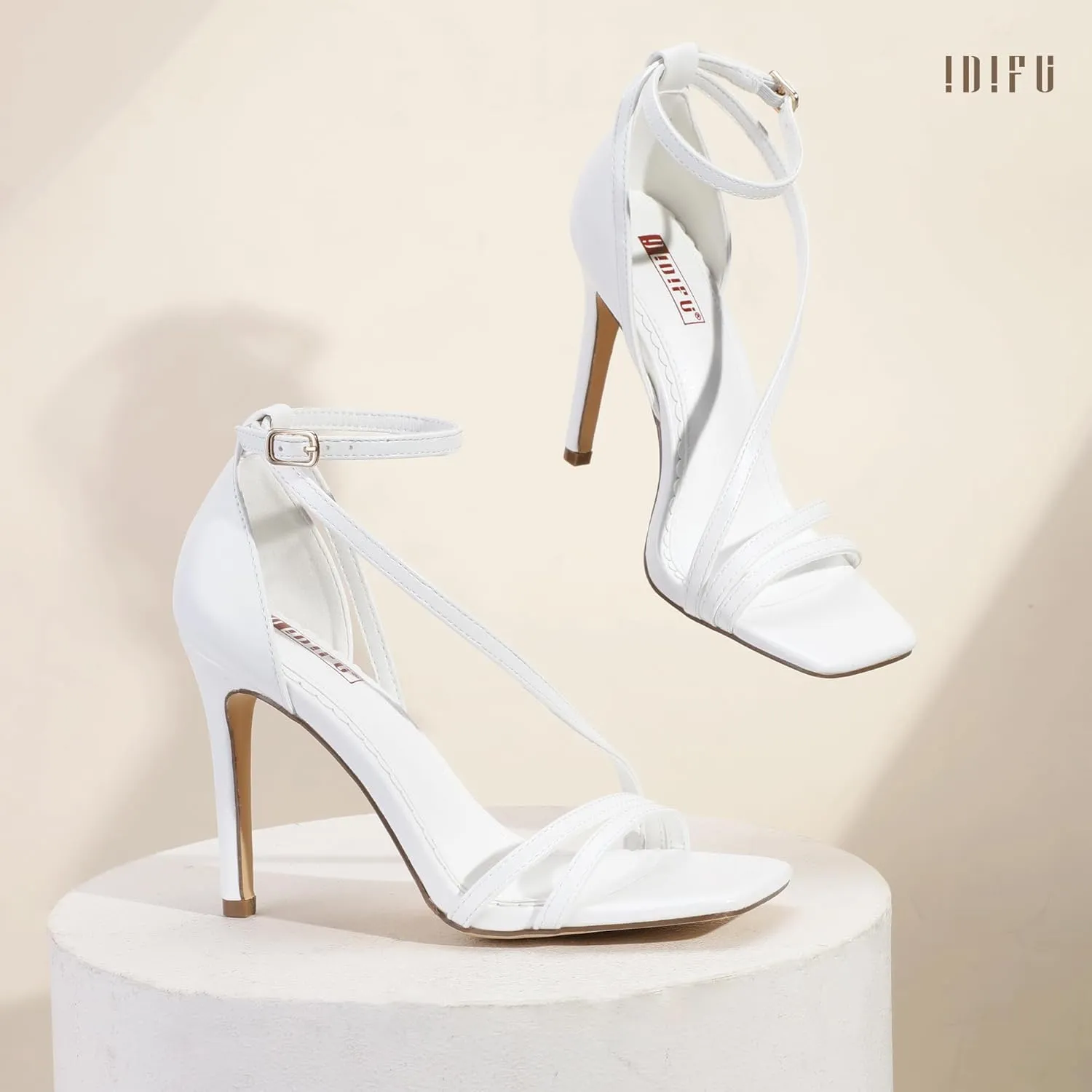 IDIFU IN4 Strappy Heels for Women Sexy High Stiletto Square Open Toe Heels Dress Shoes for Women Dressy Wedding Prom Bridal Bridesmaid Shoes Ankle Strap Heeled Sandals Comfortable Cute Trendy Heels