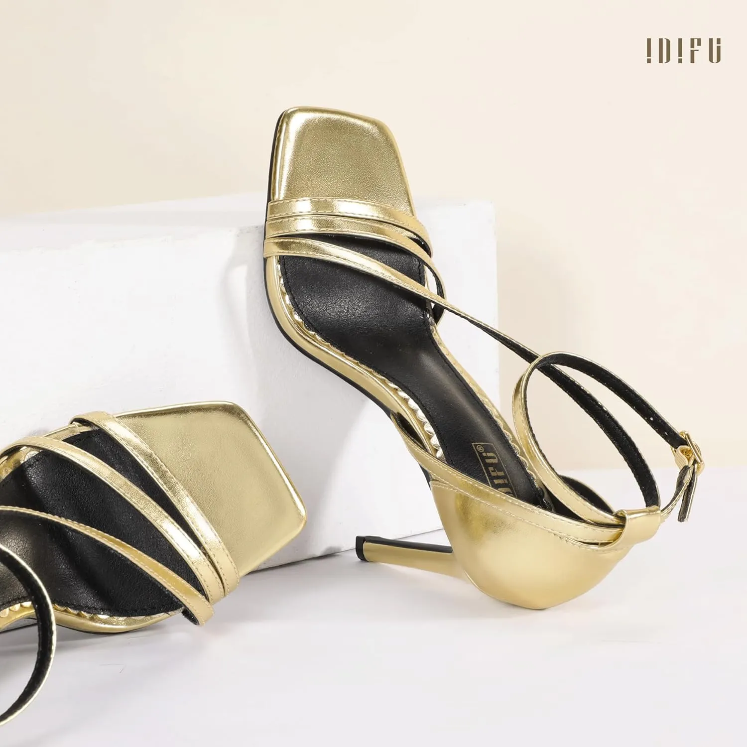 IDIFU IN4 Strappy Heels for Women Sexy High Stiletto Square Open Toe Heels Dress Shoes for Women Dressy Wedding Prom Bridal Bridesmaid Shoes Ankle Strap Heeled Sandals Comfortable Cute Trendy Heels