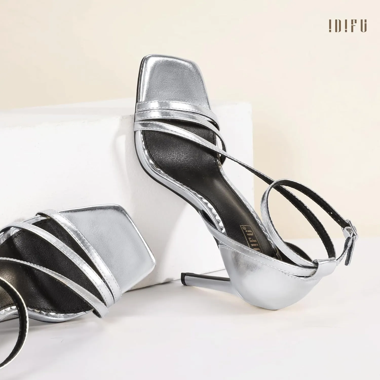 IDIFU IN4 Strappy Heels for Women Sexy High Stiletto Square Open Toe Heels Dress Shoes for Women Dressy Wedding Prom Bridal Bridesmaid Shoes Ankle Strap Heeled Sandals Comfortable Cute Trendy Heels