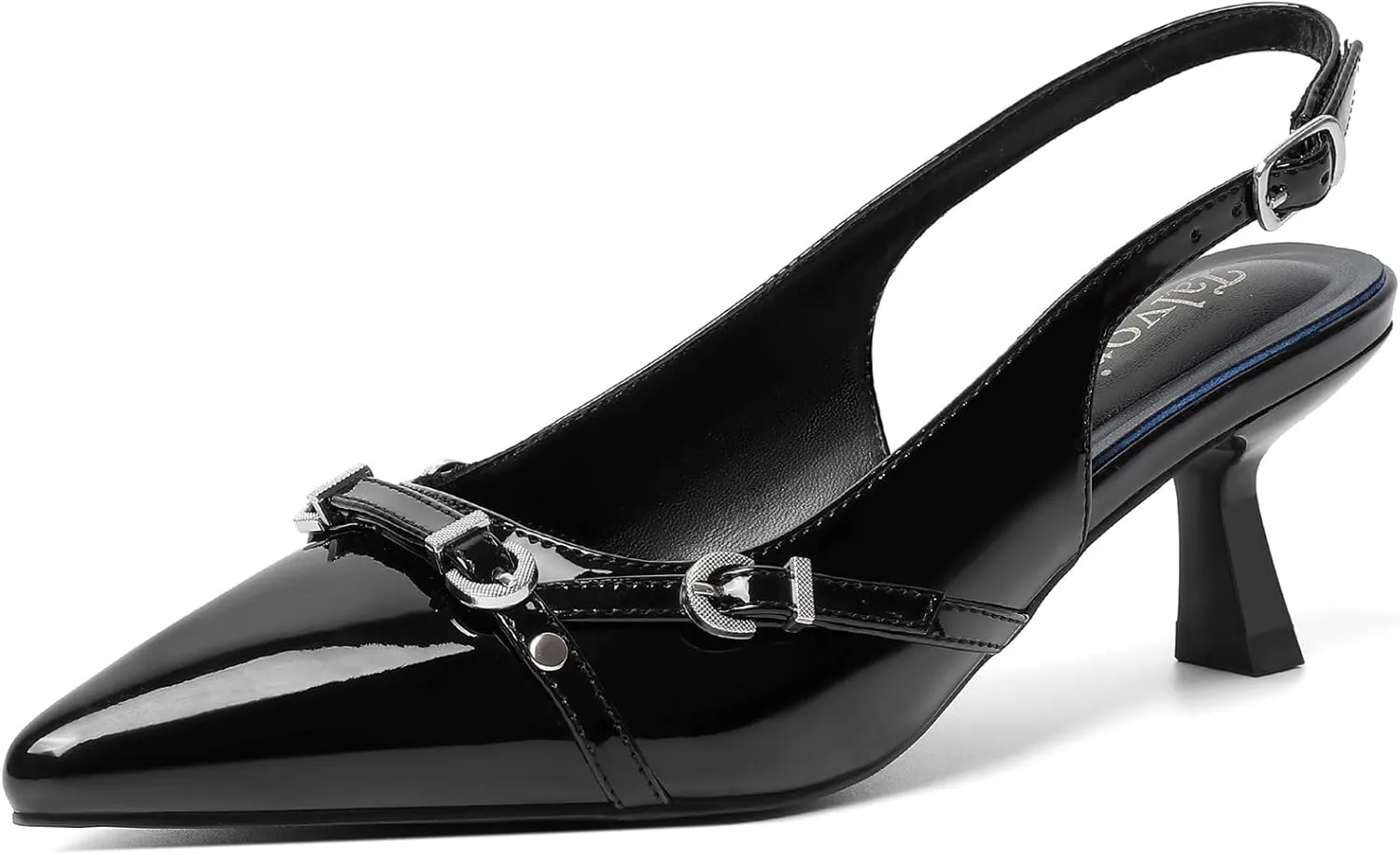Kitten Heels for Women Pointed Toe Pumps Patent Leather Low Heel Dress Slingback Heels with Buckle Dressy Slip On Shoes for Dating Party Working for Wedding Bridal Party Work