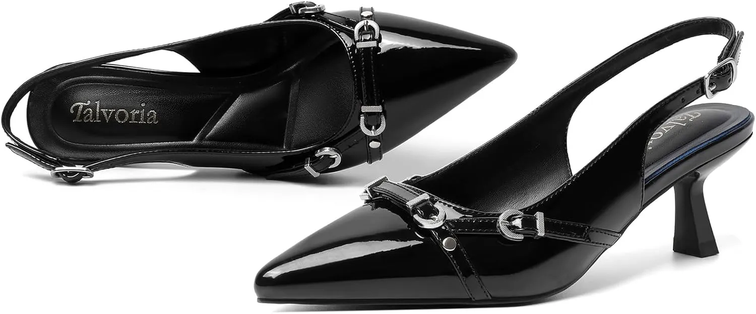 Kitten Heels for Women Pointed Toe Pumps Patent Leather Low Heel Dress Slingback Heels with Buckle Dressy Slip On Shoes for Dating Party Working for Wedding Bridal Party Work
