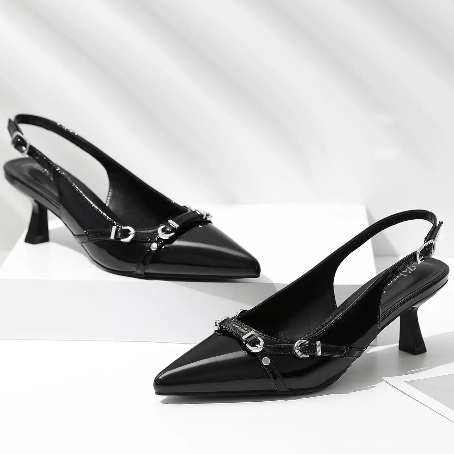 Kitten Heels for Women Pointed Toe Pumps Patent Leather Low Heel Dress Slingback Heels with Buckle Dressy Slip On Shoes for Dating Party Working for Wedding Bridal Party Work