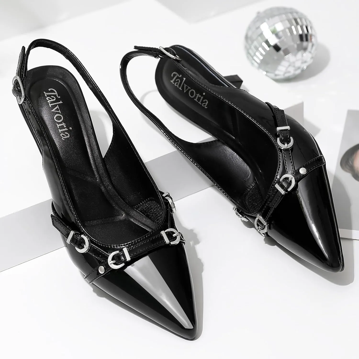 Kitten Heels for Women Pointed Toe Pumps Patent Leather Low Heel Dress Slingback Heels with Buckle Dressy Slip On Shoes for Dating Party Working for Wedding Bridal Party Work