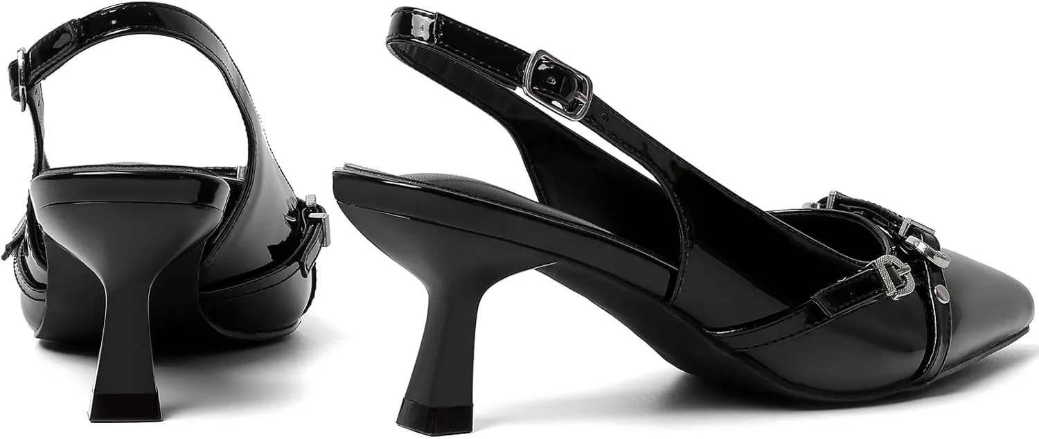 Kitten Heels for Women Pointed Toe Pumps Patent Leather Low Heel Dress Slingback Heels with Buckle Dressy Slip On Shoes for Dating Party Working for Wedding Bridal Party Work