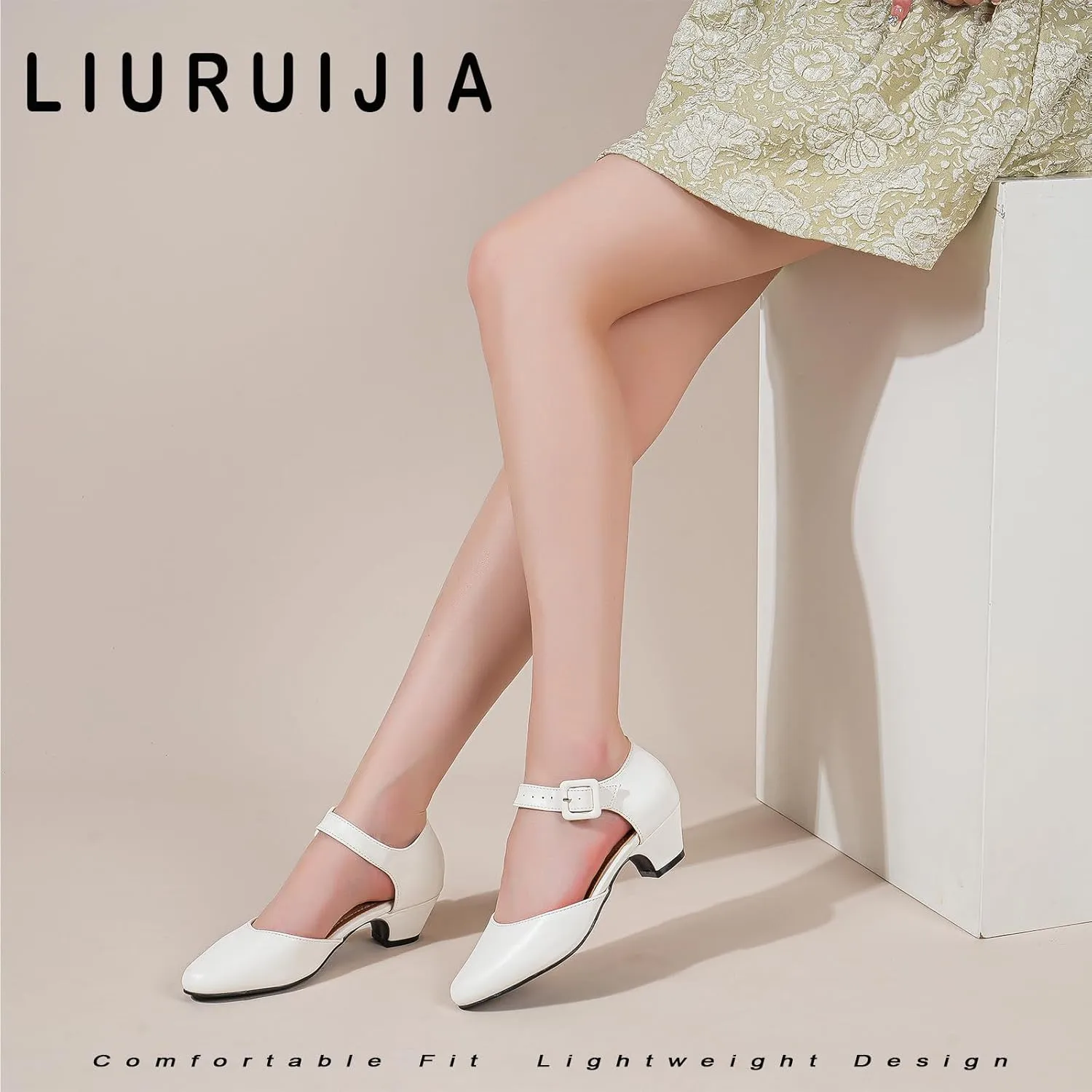LIURUIJIA Women's Closed Toe Low Chunky Heel Pumps Ankle Strap Dress Shoes for Work Wedding Party Dance