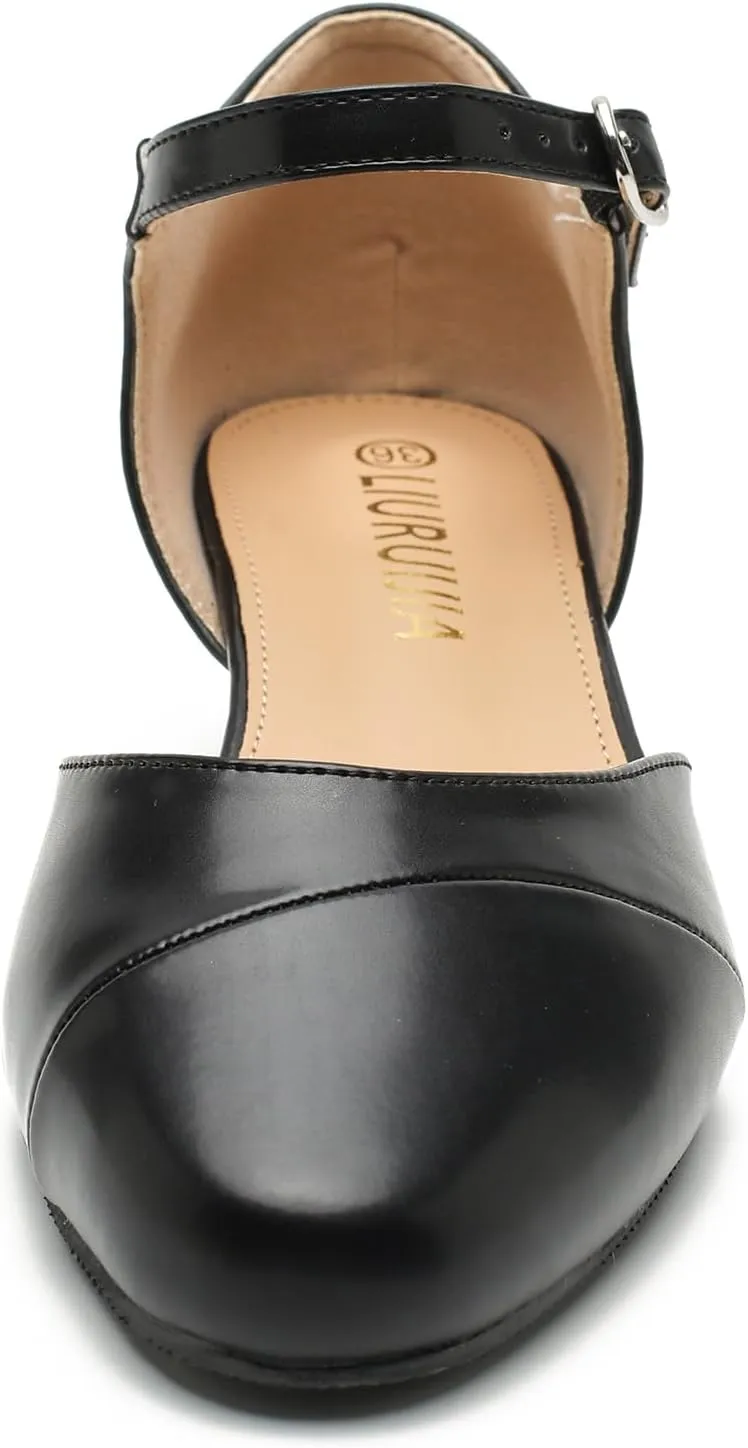 LIURUIJIA Women's Low Heels Dress Shoes Comfortable Closed Toe D'Orsay Pumps Ankle Strap Chunky Heels