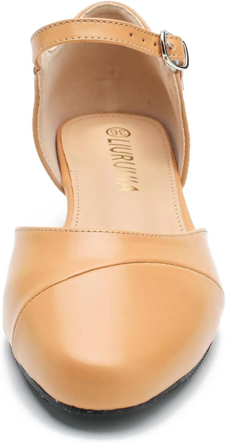 LIURUIJIA Women's Low Heels Dress Shoes Comfortable Closed Toe D'Orsay Pumps Ankle Strap Chunky Heels