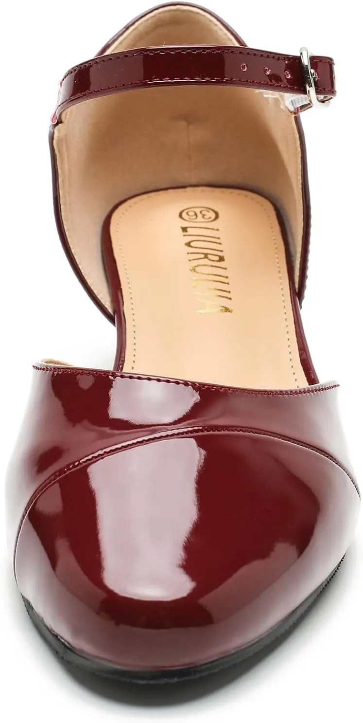 LIURUIJIA Women's Low Heels Dress Shoes Comfortable Closed Toe D'Orsay Pumps Ankle Strap Chunky Heels