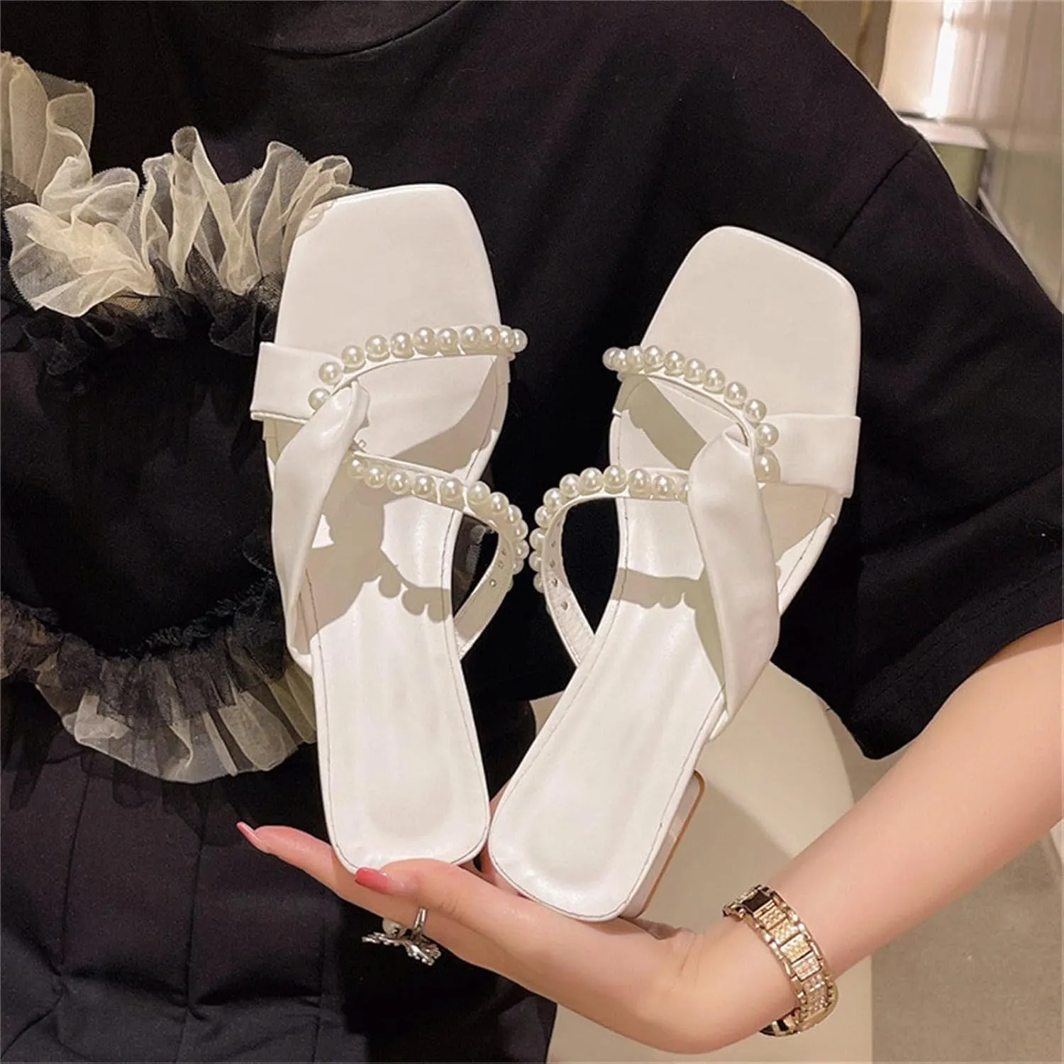 Low Block Heels for Women Open Square Toe Low Chunky Block Sandals with Strappy Pearl Party Prom Wedding Bridal Shoes