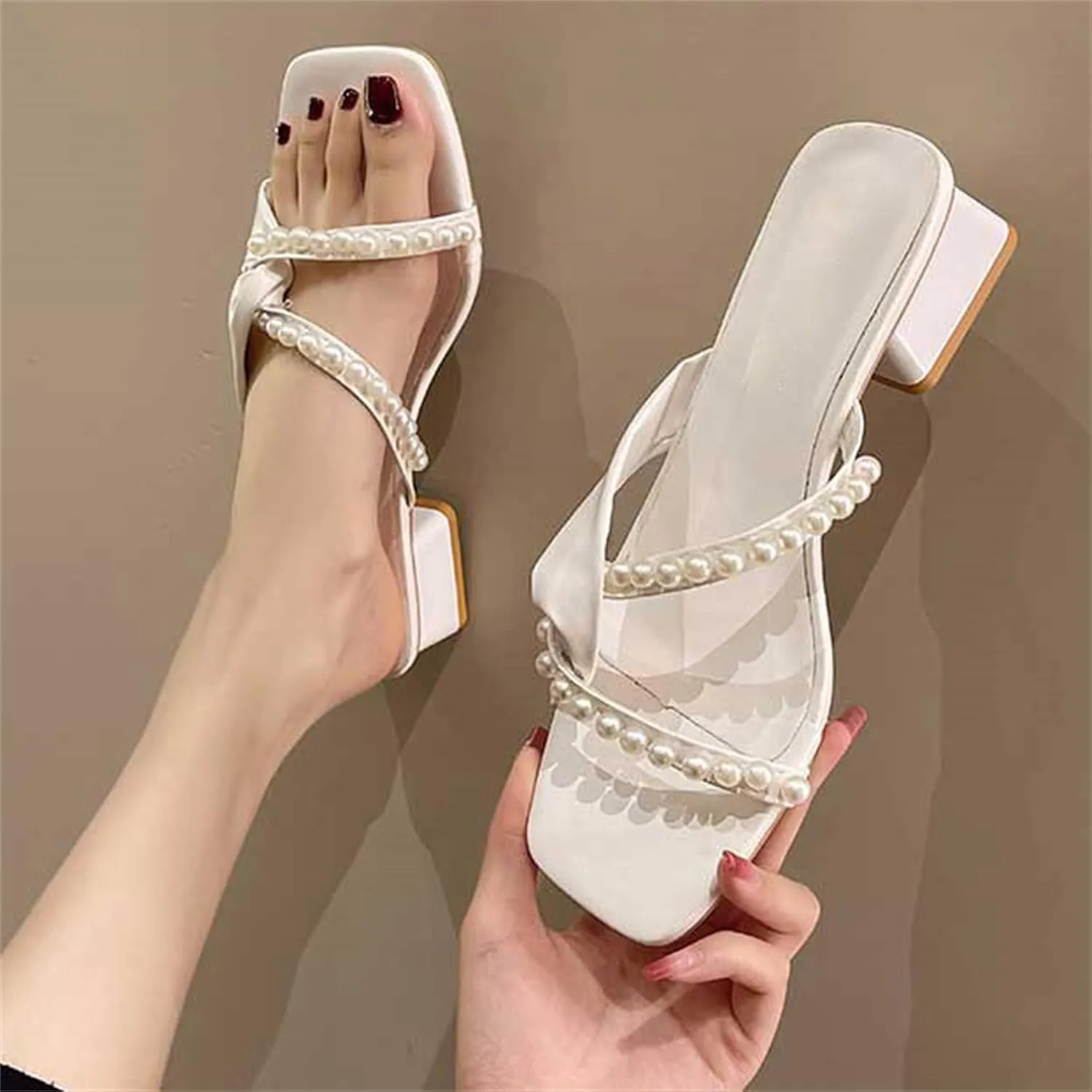 Low Block Heels for Women Open Square Toe Low Chunky Block Sandals with Strappy Pearl Party Prom Wedding Bridal Shoes