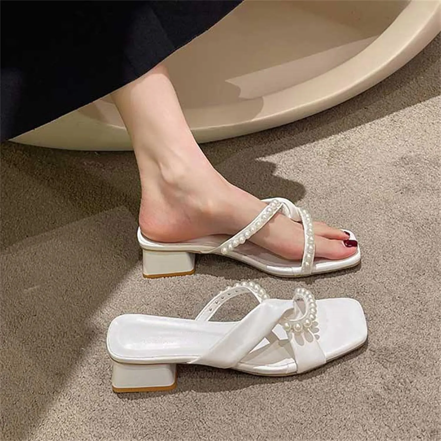 Low Block Heels for Women Open Square Toe Low Chunky Block Sandals with Strappy Pearl Party Prom Wedding Bridal Shoes