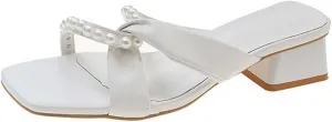 Low Block Heels for Women Open Square Toe Low Chunky Block Sandals with Strappy Pearl Party Prom Wedding Bridal Shoes