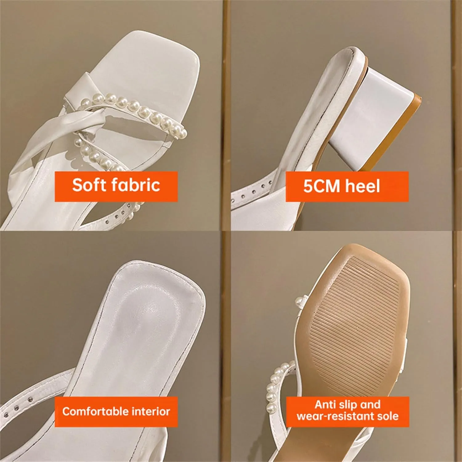 Low Block Heels for Women Open Square Toe Low Chunky Block Sandals with Strappy Pearl Party Prom Wedding Bridal Shoes