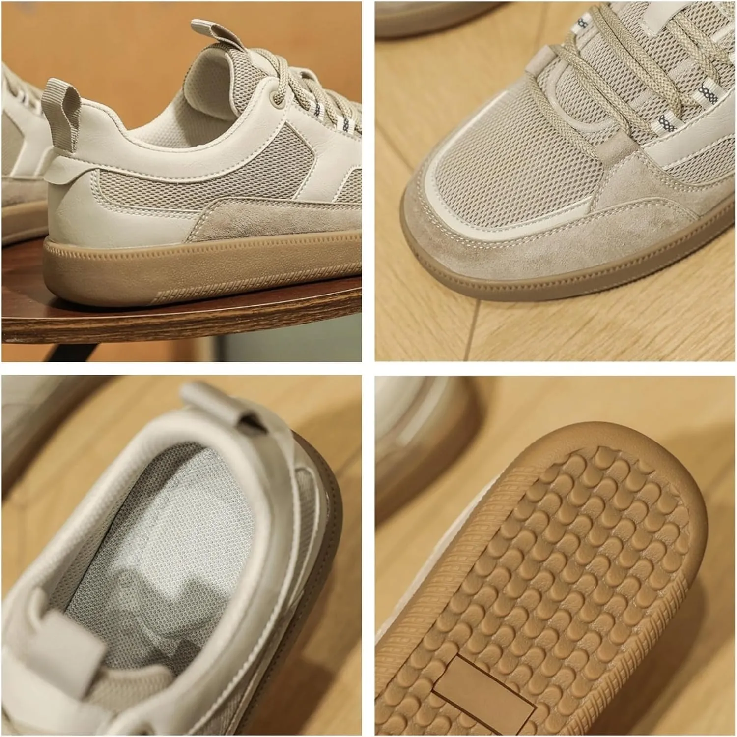 Men's Fashion Breathable Mesh Leather Lace Up Sneakers Casual Flats Retro Non Slip Round Toe Walking Driving Daily Shoes