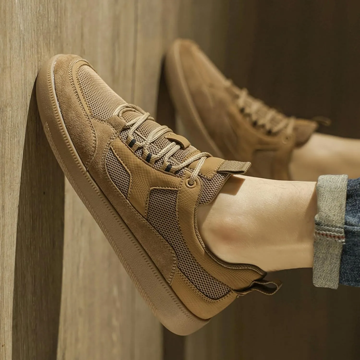Men's Fashion Breathable Mesh Leather Lace Up Sneakers Casual Flats Retro Non Slip Round Toe Walking Driving Daily Shoes