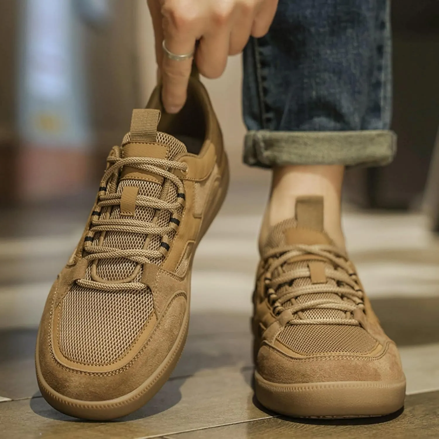Men's Fashion Breathable Mesh Leather Lace Up Sneakers Casual Flats Retro Non Slip Round Toe Walking Driving Daily Shoes