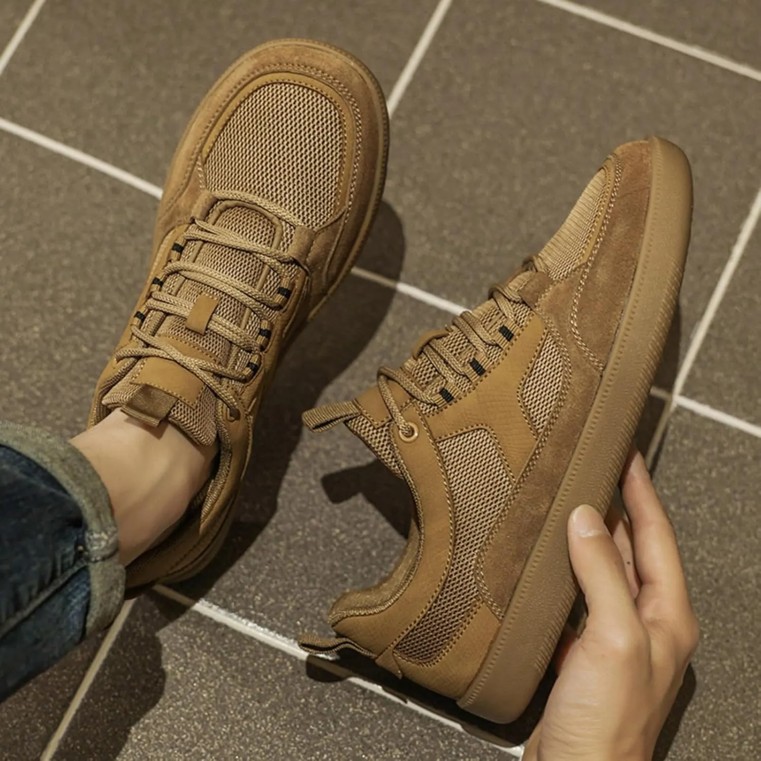Men's Fashion Breathable Mesh Leather Lace Up Sneakers Casual Flats Retro Non Slip Round Toe Walking Driving Daily Shoes