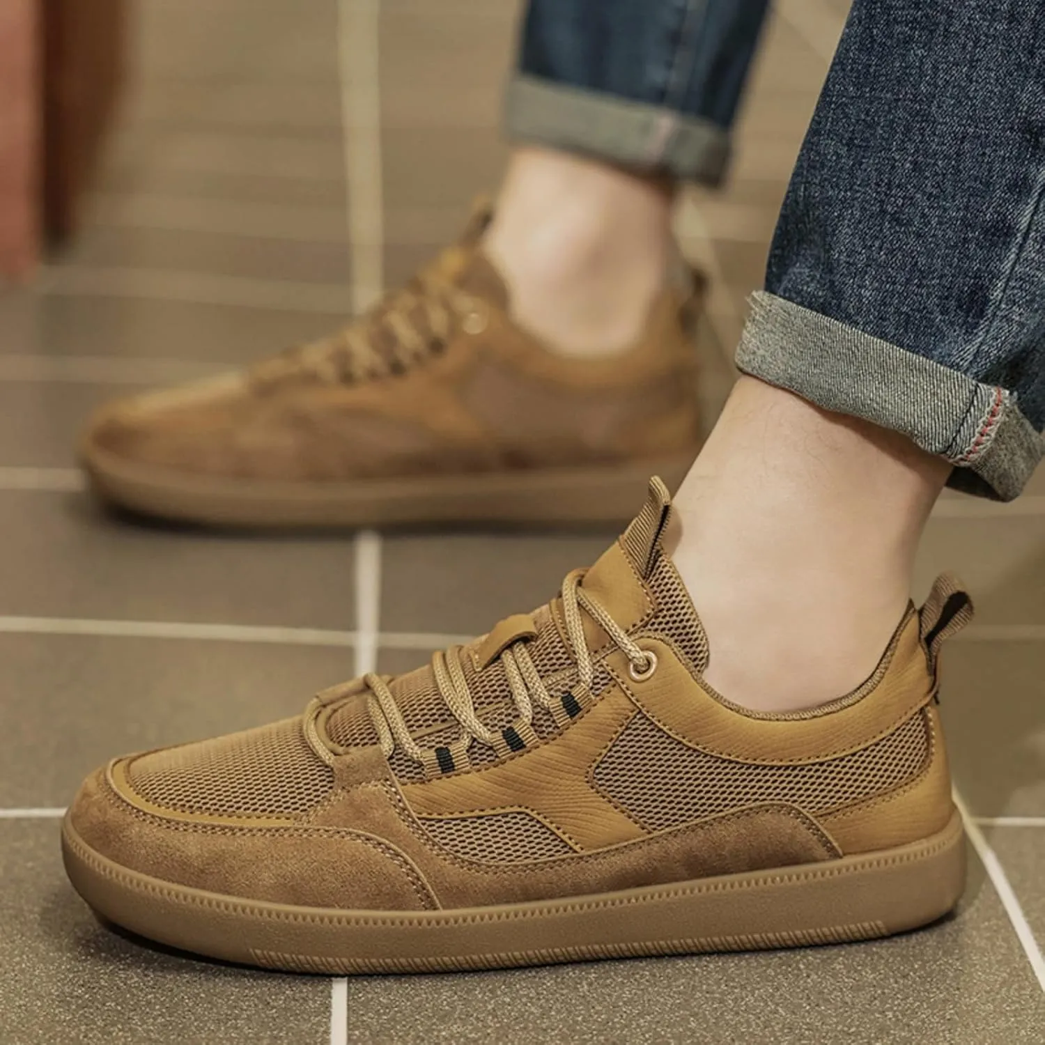 Men's Fashion Breathable Mesh Leather Lace Up Sneakers Casual Flats Retro Non Slip Round Toe Walking Driving Daily Shoes