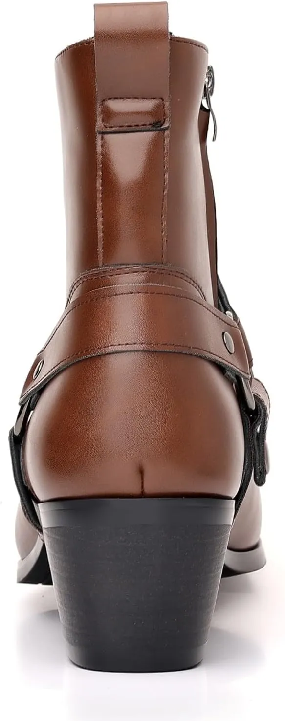 Men's Fashionable Ankle Shoes Low Zipper Thick Heel Boots Wooden Heel Pointed Toe Solid Color Zipper Dress Boots Men