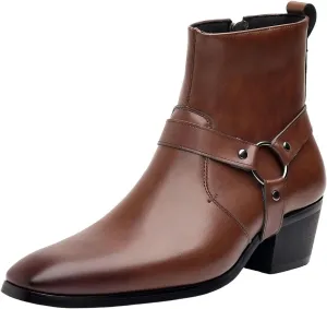 Men's Fashionable Ankle Shoes Low Zipper Thick Heel Boots Wooden Heel Pointed Toe Solid Color Zipper Dress Boots Men
