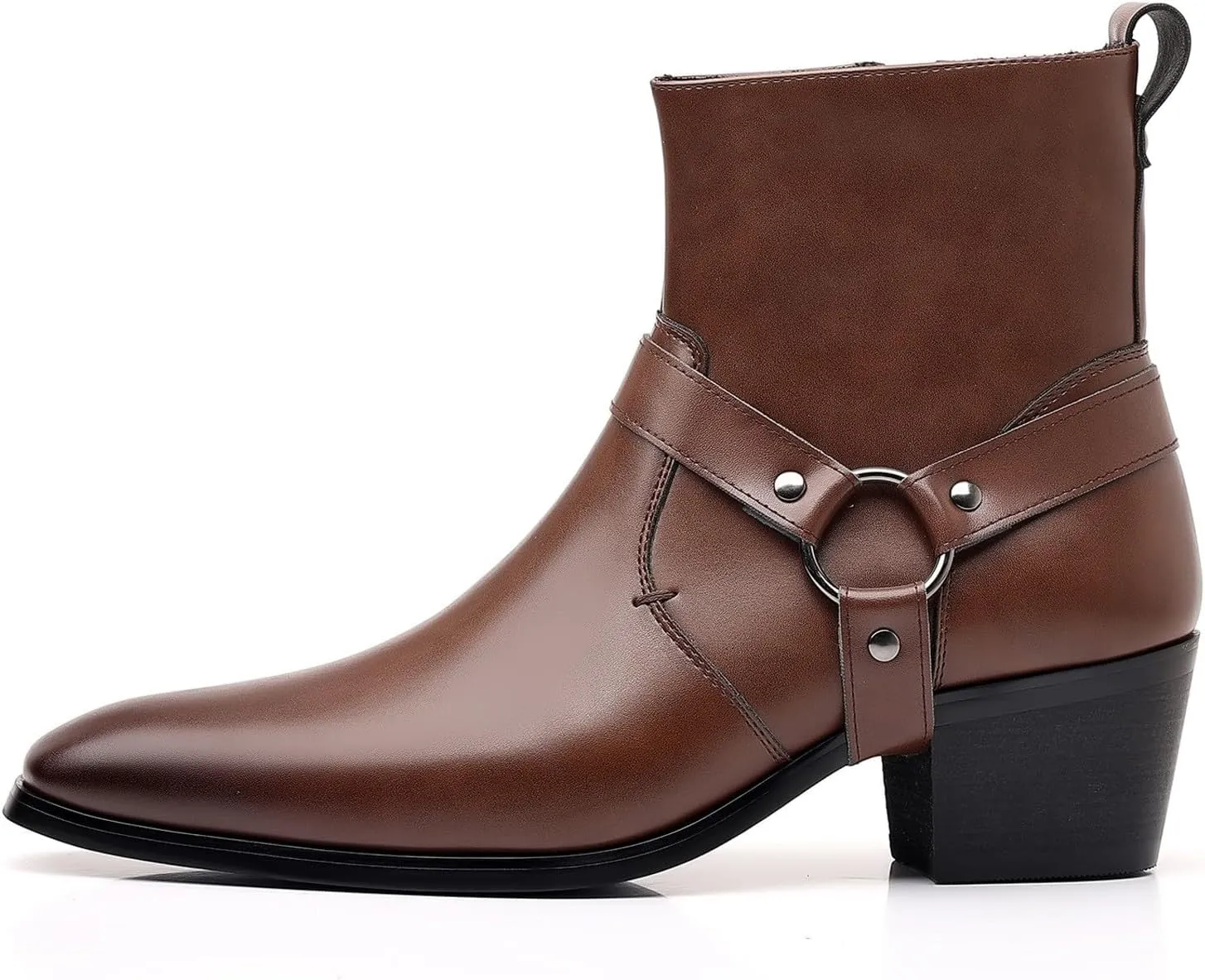 Men's Fashionable Ankle Shoes Low Zipper Thick Heel Boots Wooden Heel Pointed Toe Solid Color Zipper Dress Boots Men