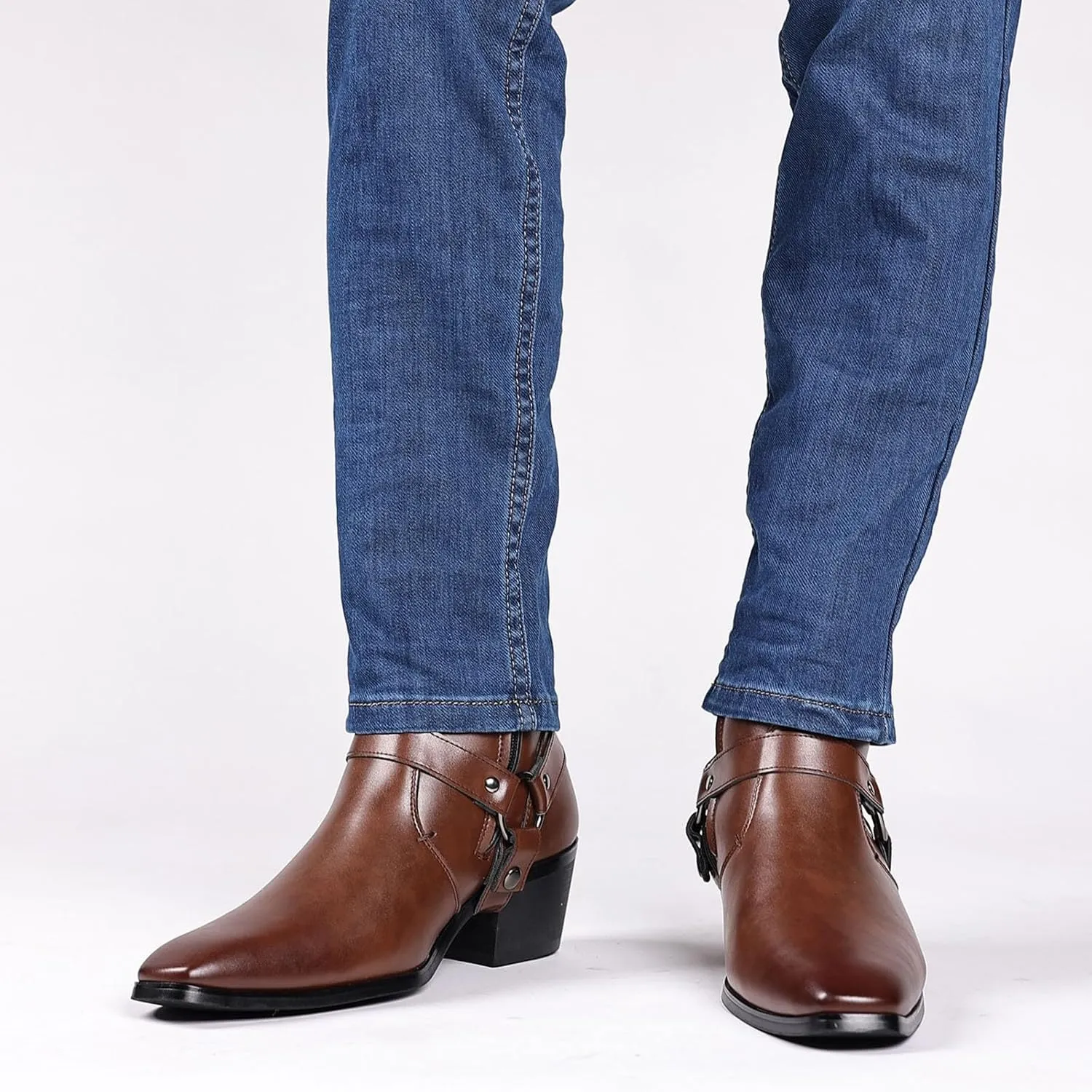 Men's Fashionable Ankle Shoes Low Zipper Thick Heel Boots Wooden Heel Pointed Toe Solid Color Zipper Dress Boots Men