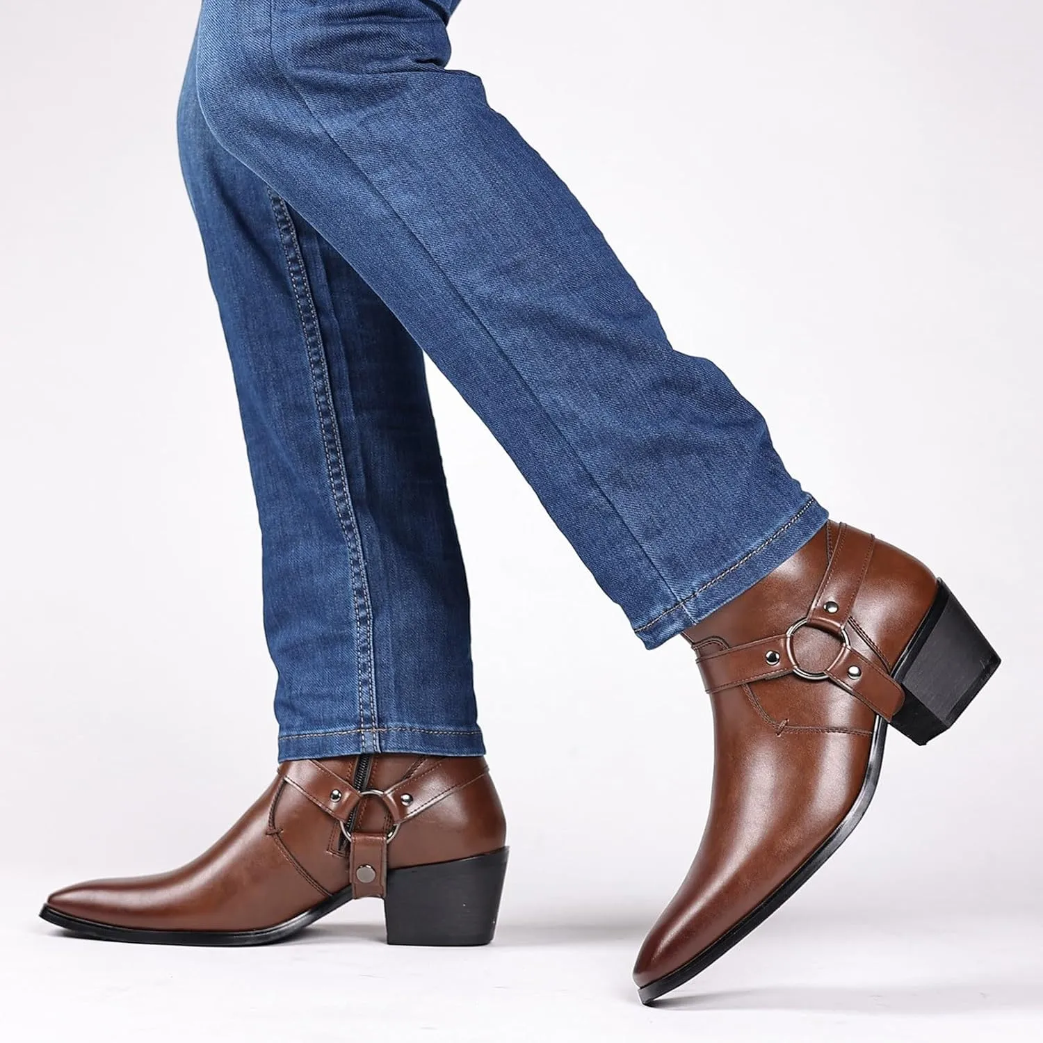 Men's Fashionable Ankle Shoes Low Zipper Thick Heel Boots Wooden Heel Pointed Toe Solid Color Zipper Dress Boots Men