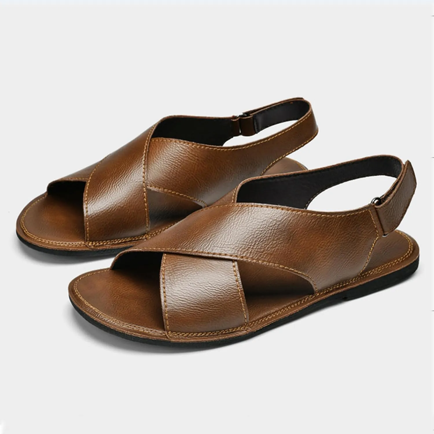 Men's Genuine leather Handmade Strappy Flat Sandals adjustable back Hook and loop open toe Outdoor Sandals Summer Casual vacation beach Sandals