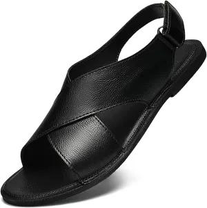 Men's Genuine leather Handmade Strappy Flat Sandals adjustable back Hook and loop open toe Outdoor Sandals Summer Casual vacation beach Sandals
