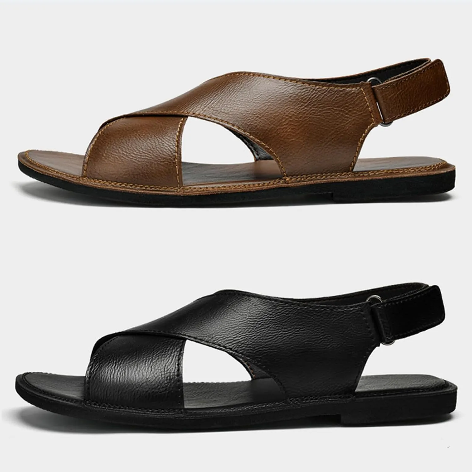 Men's Genuine leather Handmade Strappy Flat Sandals adjustable back Hook and loop open toe Outdoor Sandals Summer Casual vacation beach Sandals