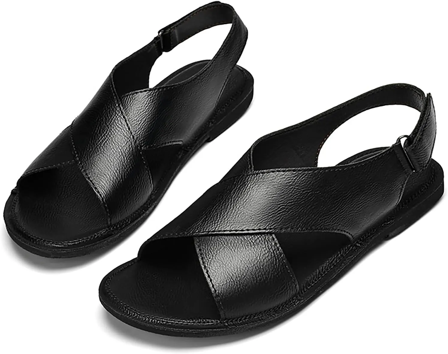 Men's Genuine leather Handmade Strappy Flat Sandals adjustable back Hook and loop open toe Outdoor Sandals Summer Casual vacation beach Sandals